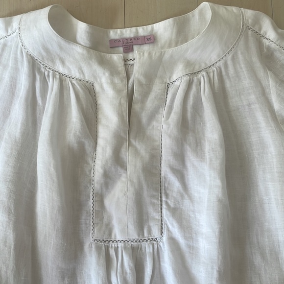 Calypso white linen hemstitch high-low tunic blouse - Picture 2 of 6